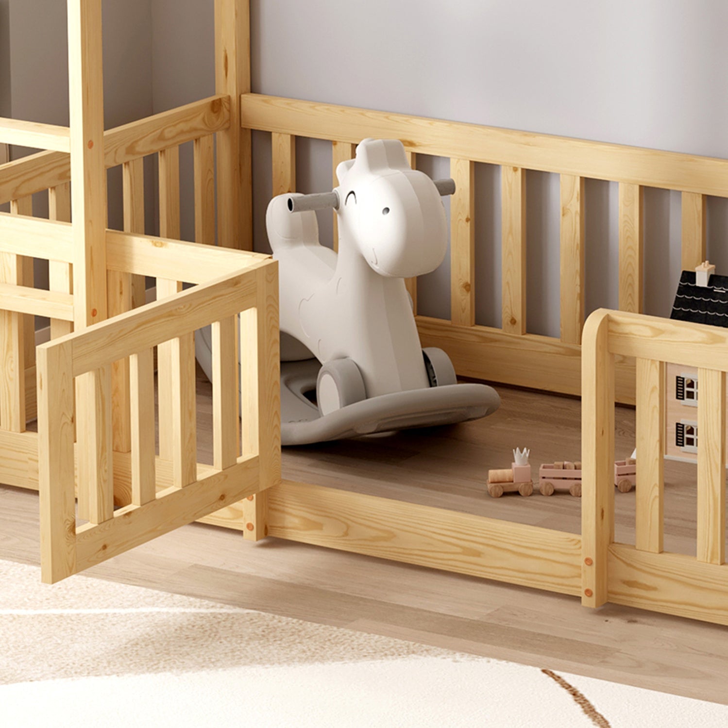 Двуетажно легло Playkid с детска площадка бор естествен от масивна борова дървесина, 90x190 см