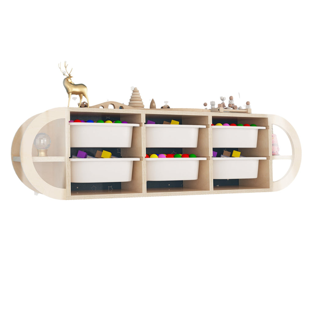 Стенно скринче KIKS брезова дървесина с 6 бели P.E. чекмеджета 126x26x33Hсм
